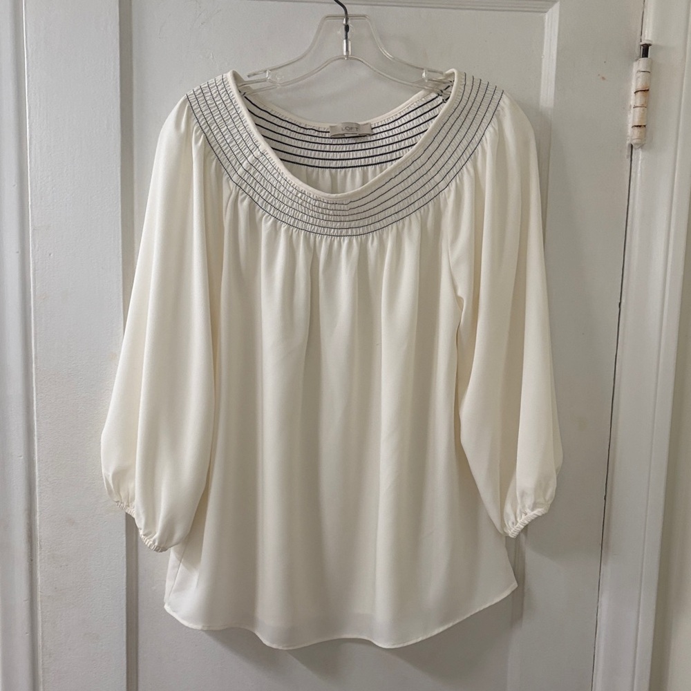 LOFT Cream Blouse with Striped Neckline